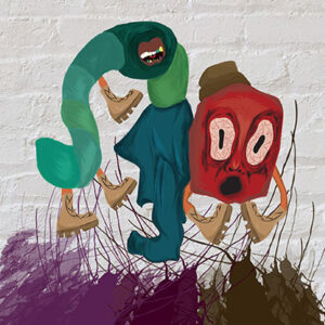 Illustration of the giant Kafka bug being scared of the real bugs